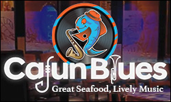 A logo of Cajun Blues great sea food lovely music