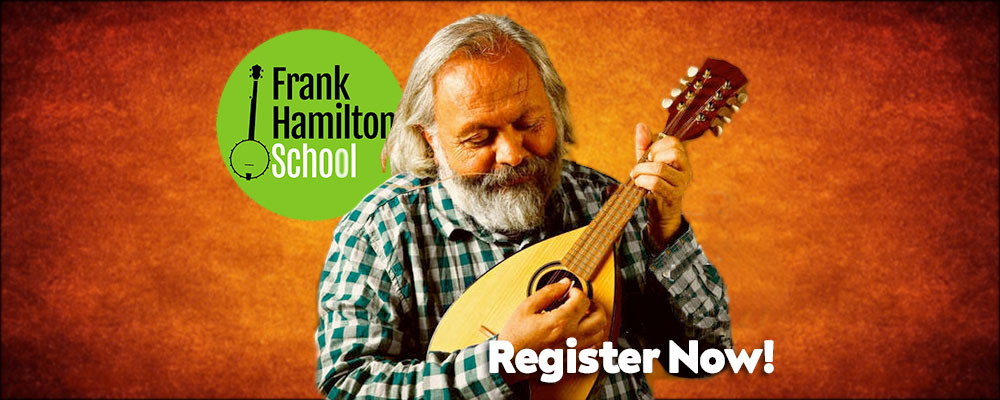 A smiling man playing a stringed instrument with text promoting registration at Frank Hamilton School.