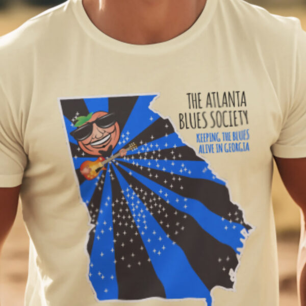 Person wearing a Georgia Blues T-shirt promoting the Atlanta Blues Society with the slogan "keeping the blues alive in Georgia.