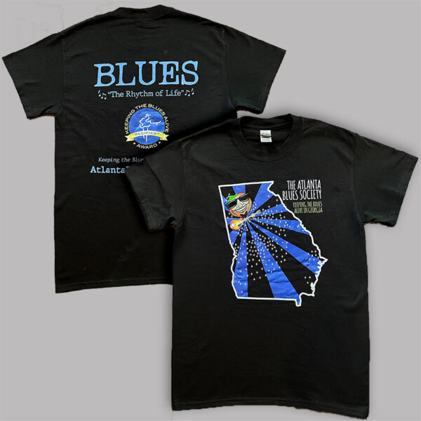 Two black Georgia Blues T-shirts with blues-themed graphics, promoting the Atlanta Blues Society.