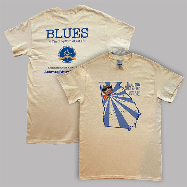 Two beige t-shirts with blue prints promoting the atlanta blues society, featuring musical and regional graphics.