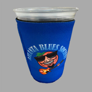 A blue neoprene cup holder with the "atlanta blues society" logo and an illustration of a person playing guitar.