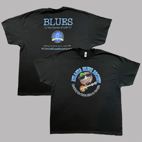 Two Georgia Blues-themed black t-shirts with different graphics and text displayed on a flat surface.