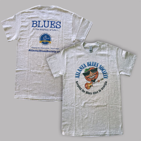 Two gray Georgia Blues T-shirts with Atlanta Blues Society logos and slogans displayed flat on a neutral background.