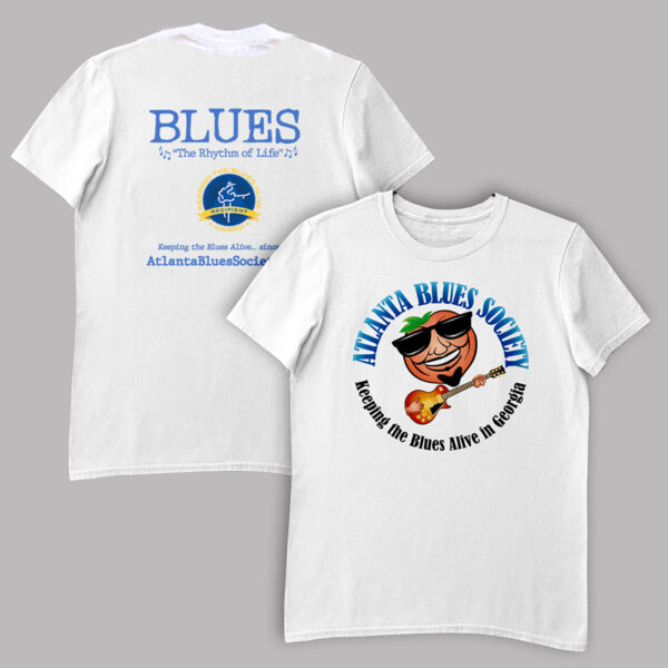 Two white t-shirts with Georgia Blues Society logos and slogans, one featuring a caricature of a man playing guitar.