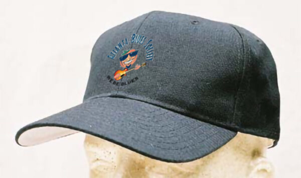 Navy blue baseball cap with a logo, displayed on a mannequin head.